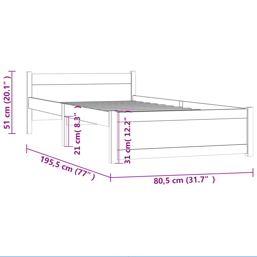 Massivholzbett Grau 75x190 cm