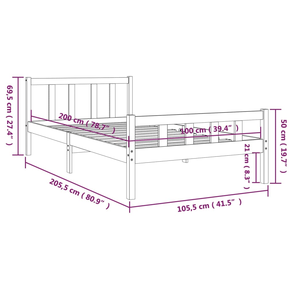 Solid wood bed gray 100x200 cm