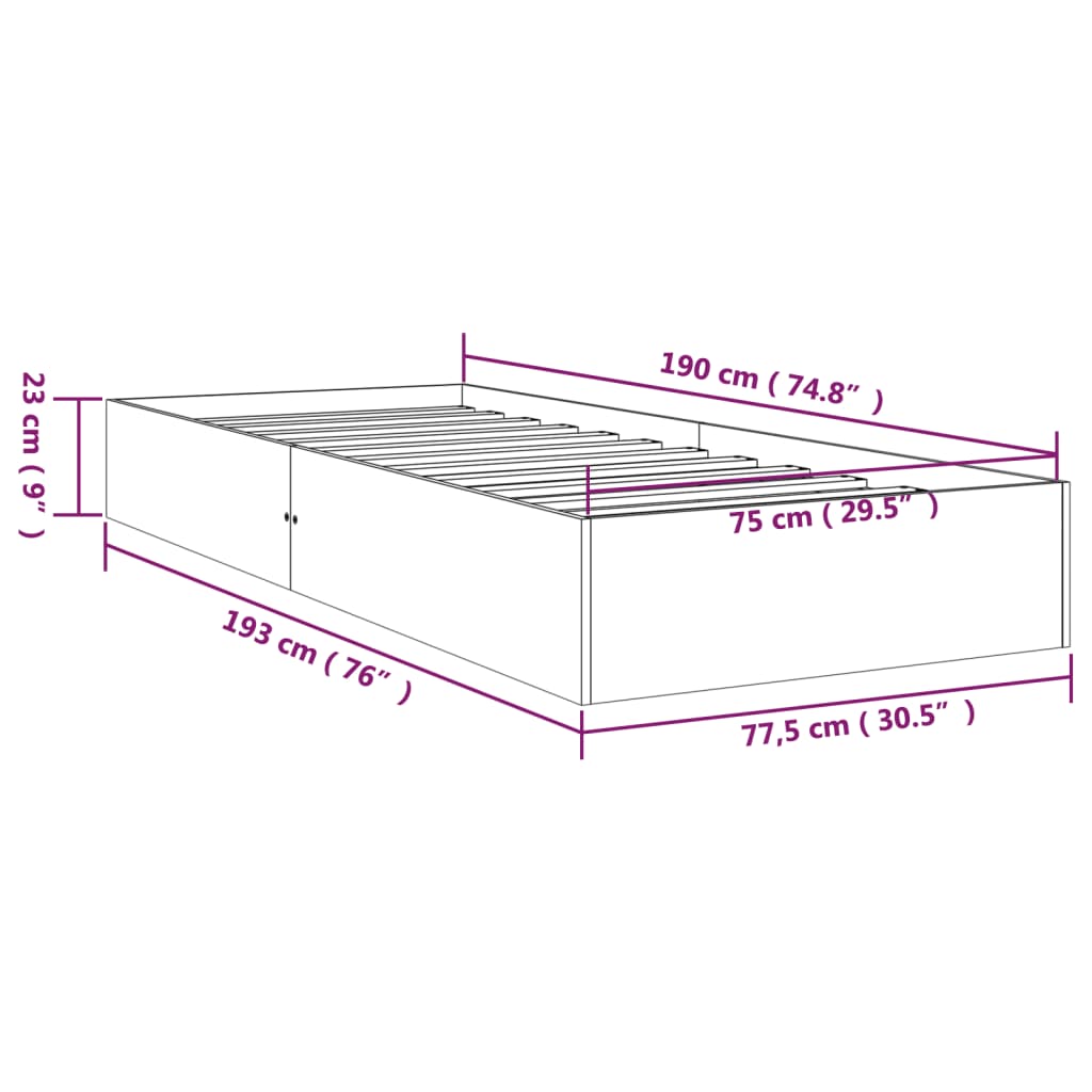 Massivholzbett Grau 75x190 cm