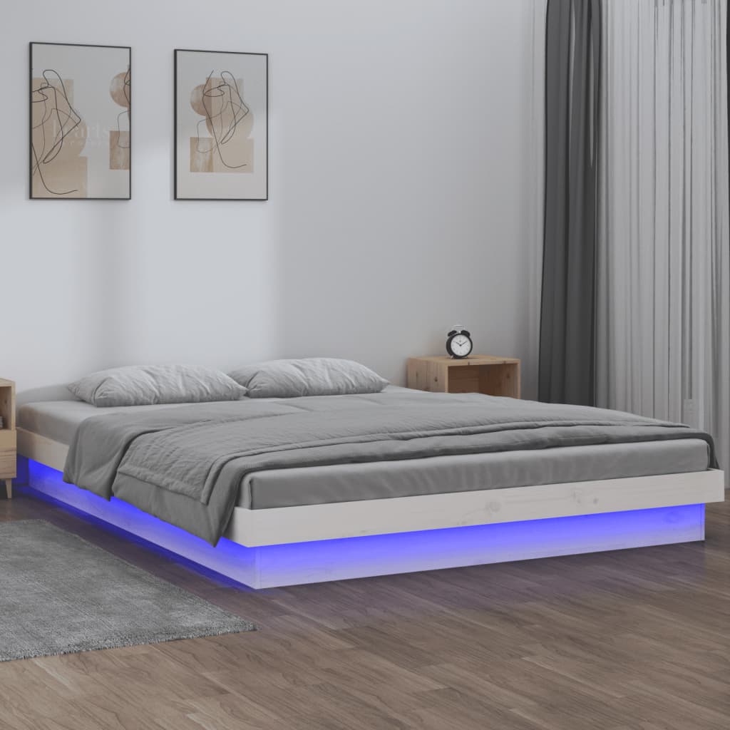 Solid wood bed with LEDs White 150x200 cm