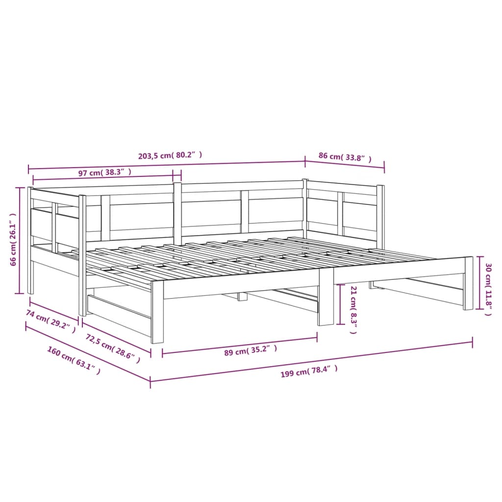 Daybed Extendable Black Solid Pine 2x(80x200) cm