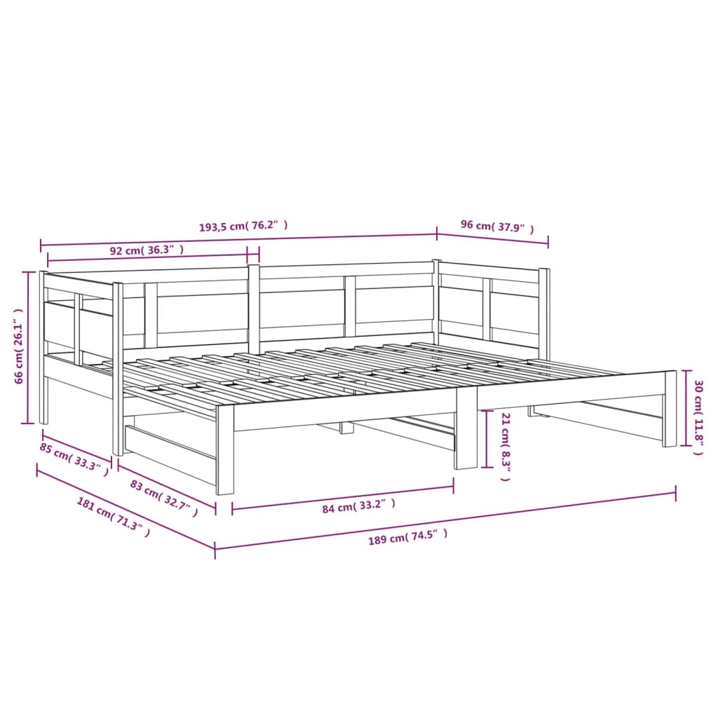 Tagesbett Ausziehbar Schwarz Massivholz Kiefer 2x(90x190) cm