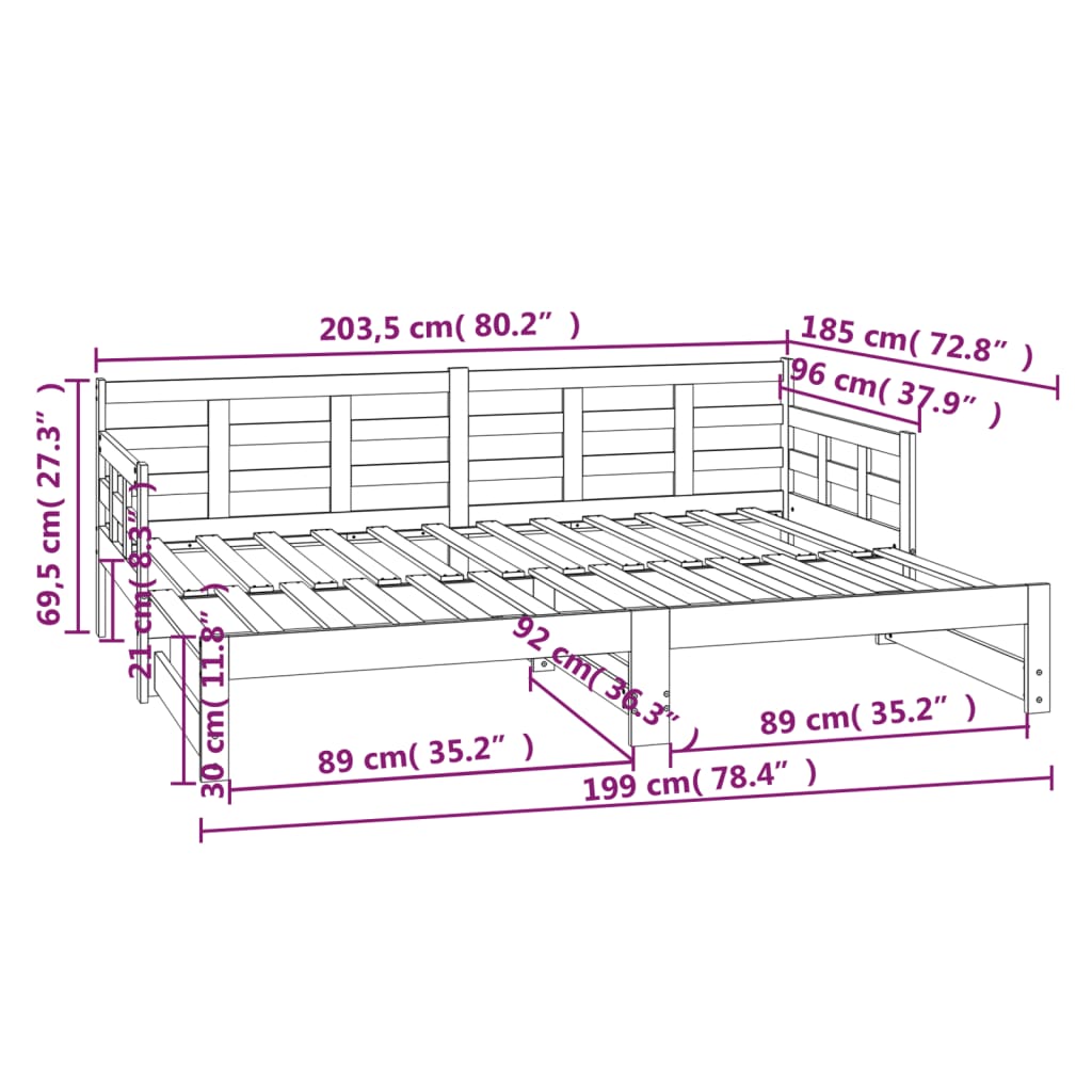 Daybed extendable solid pine wood 2x(90x200) cm