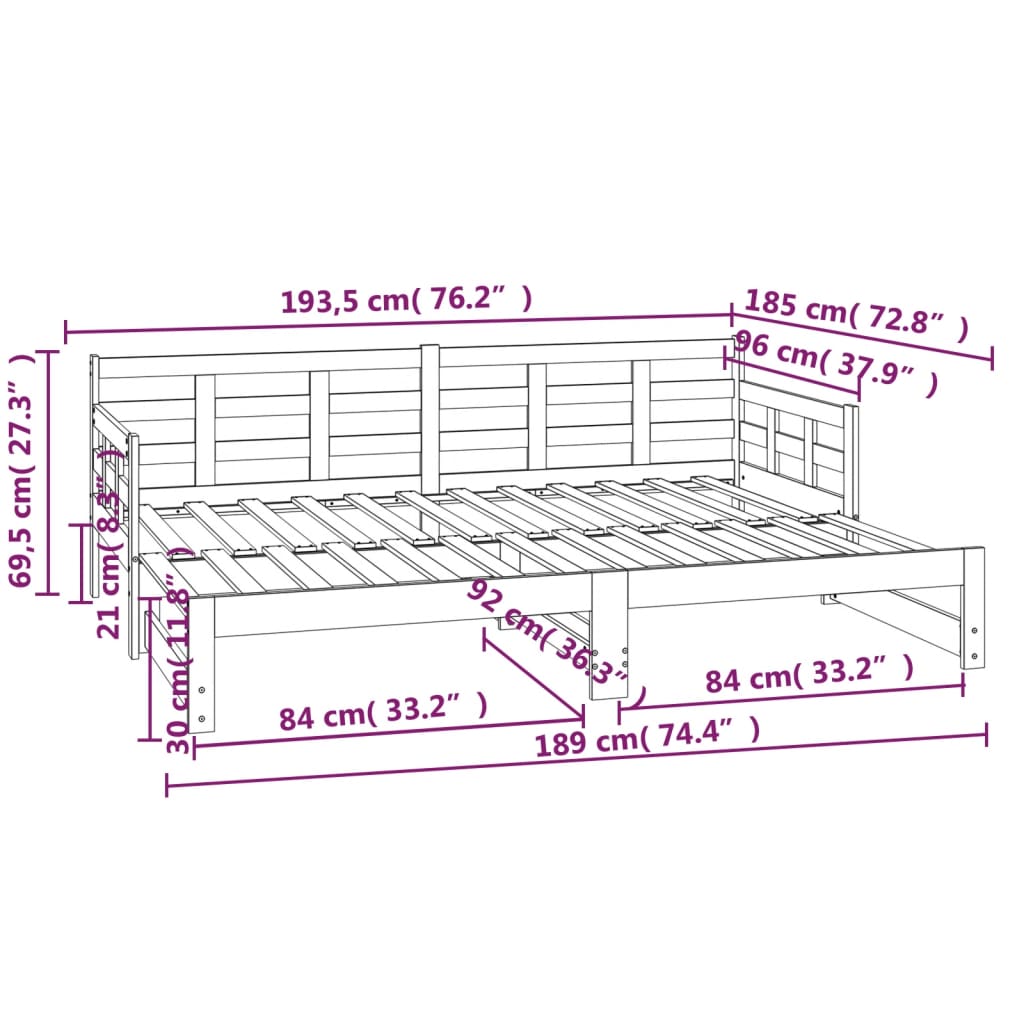 Daybed extendable solid pine wood 2x(90x190) cm