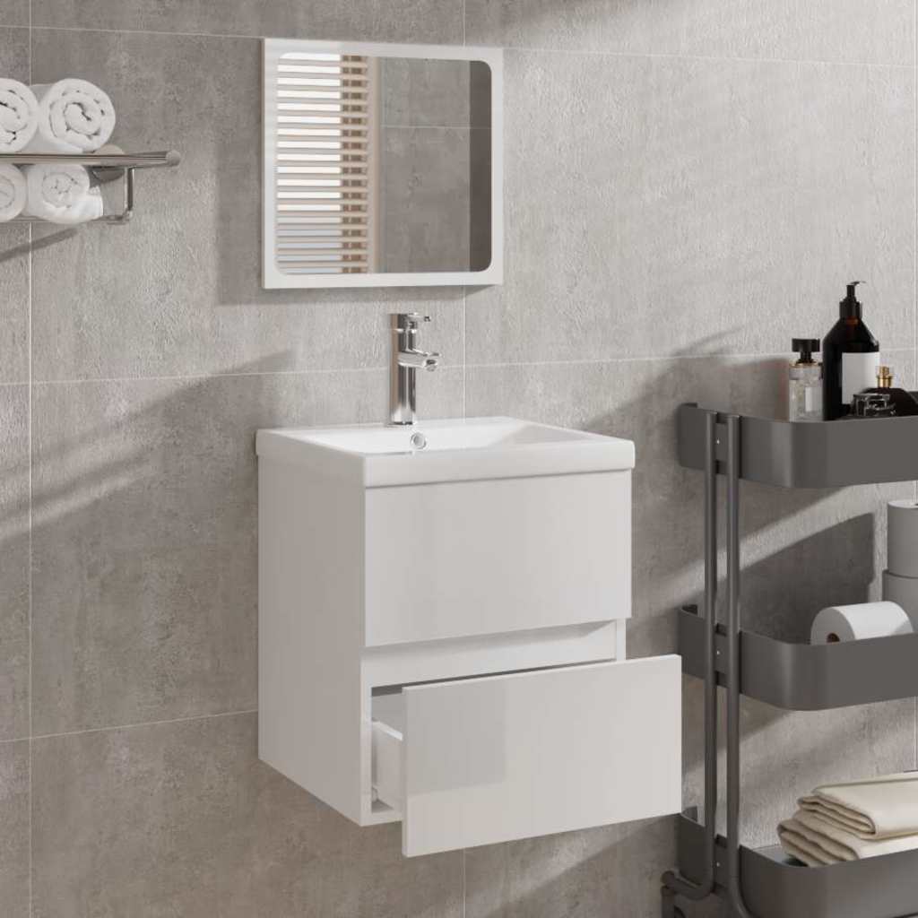 Bathroom cabinet with mirror high-gloss white wood material