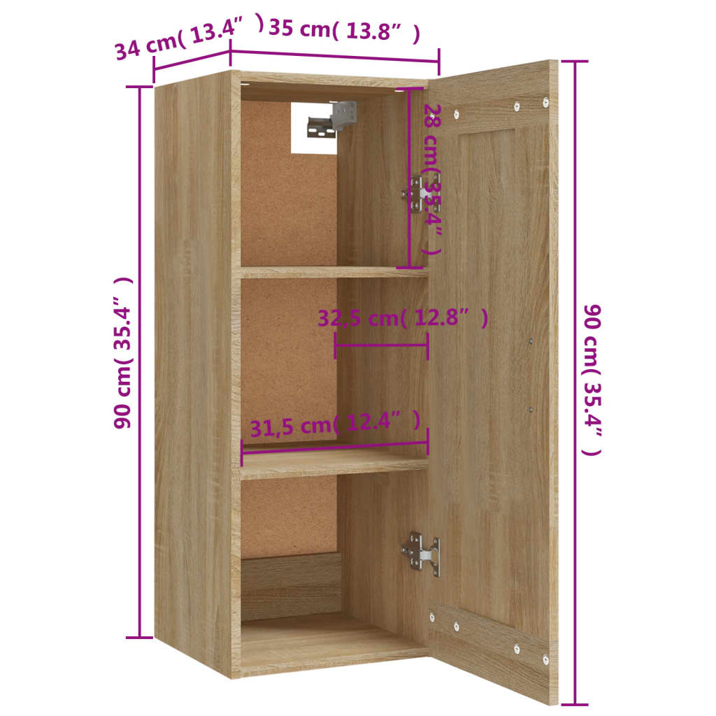 Wall Cabinet Sonoma Oak 35x34x90 cm Wood Material