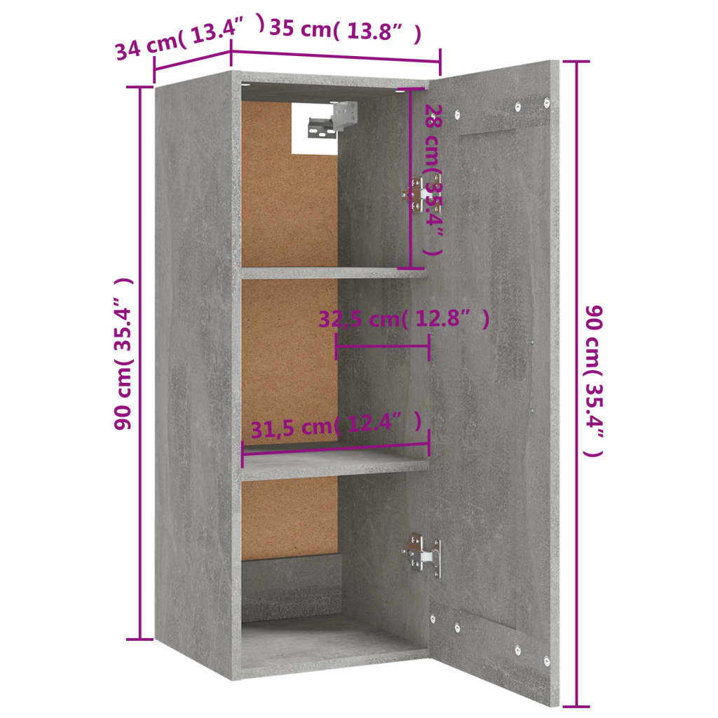 Hängeschrank Betongrau 35x34x90 cm Holzwerkstoff