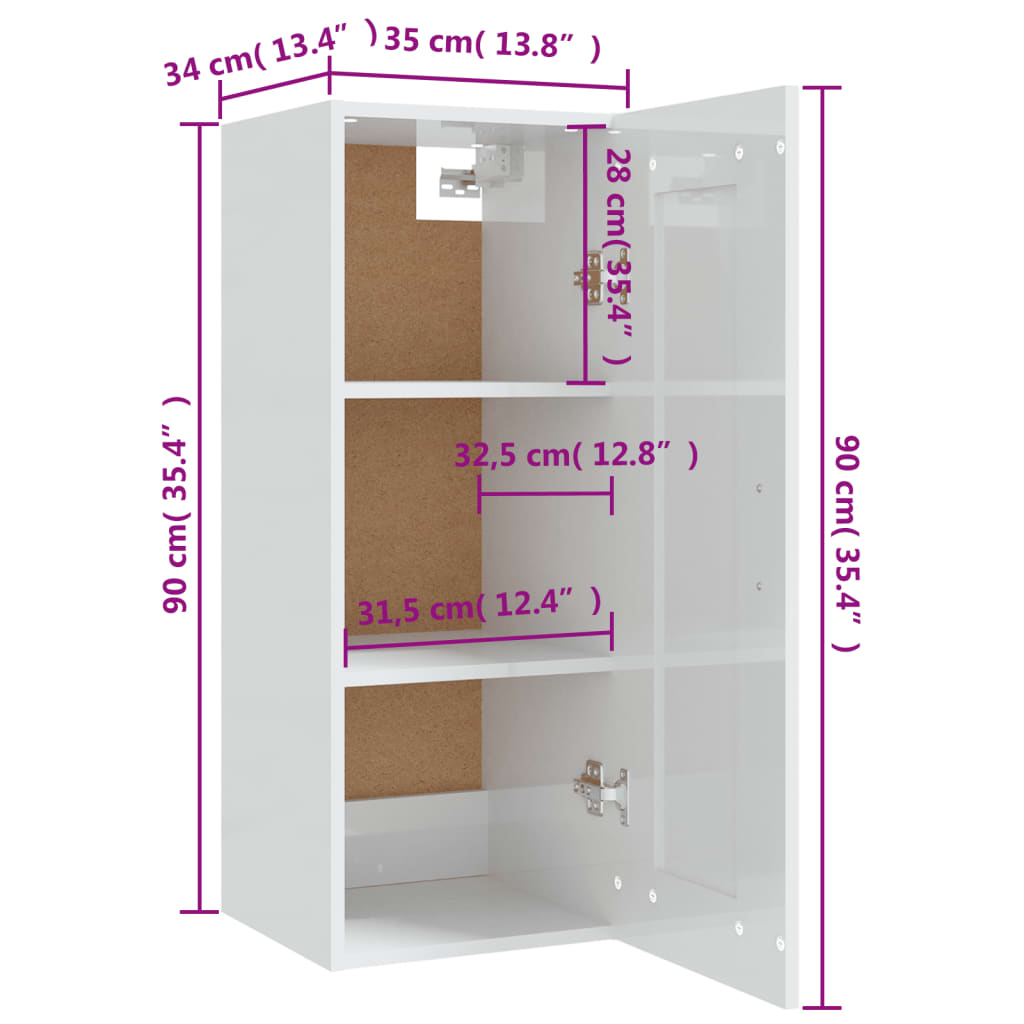 Hängeschrank Hochglanz-Weiß 35x34x90 cm Holzwerkstoff