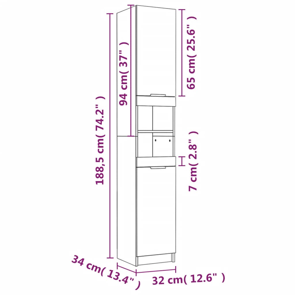 Bathroom Cabinet Brown Oak Look 32x34x188.5 cm Wood Material