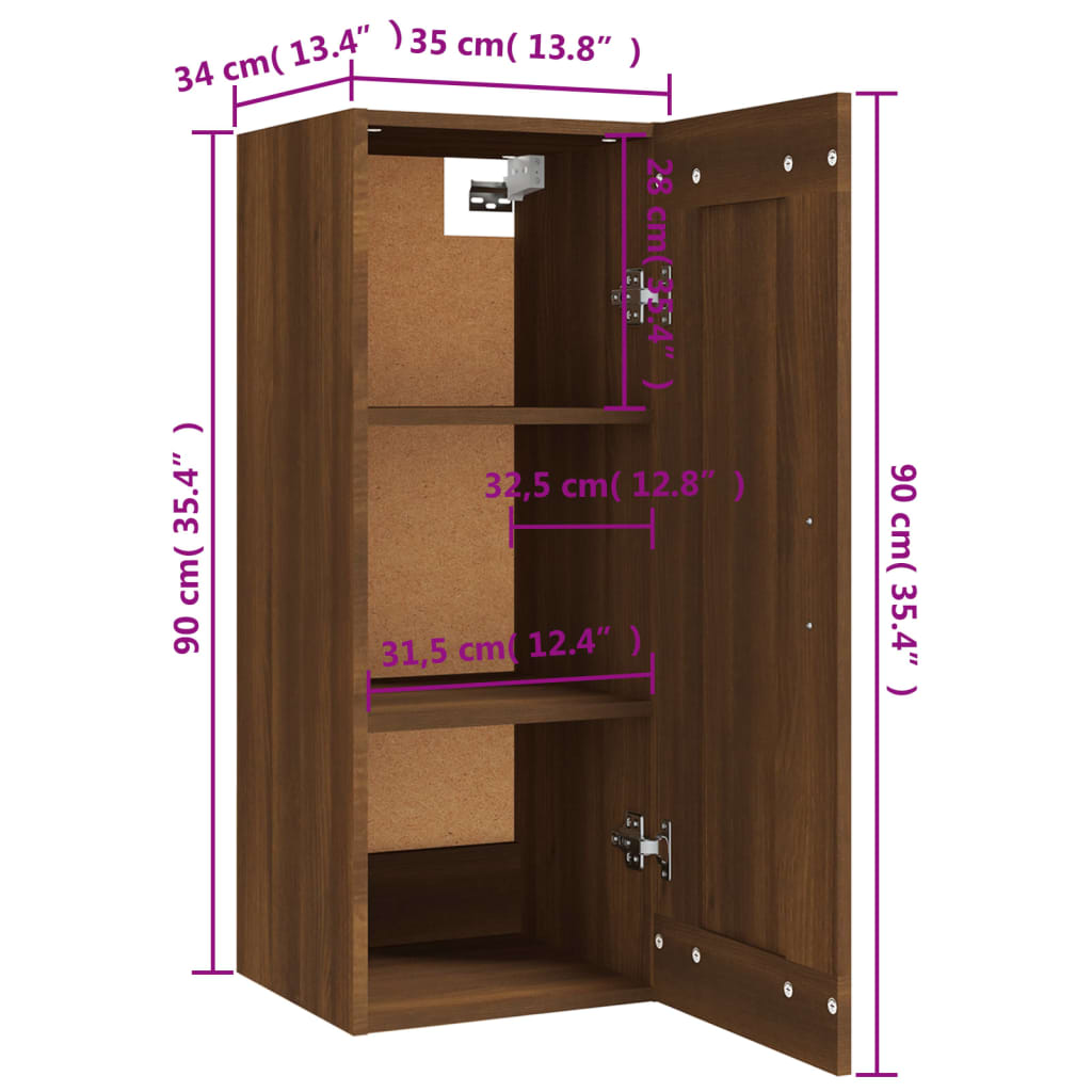 Wall Cabinet Brown Oak Look 35x34x90 cm Wood Material