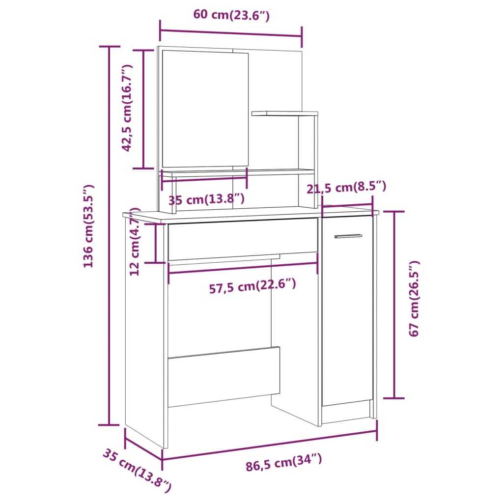 Dressing Table with Mirror Gray Sonoma 86.5x35x136 cm