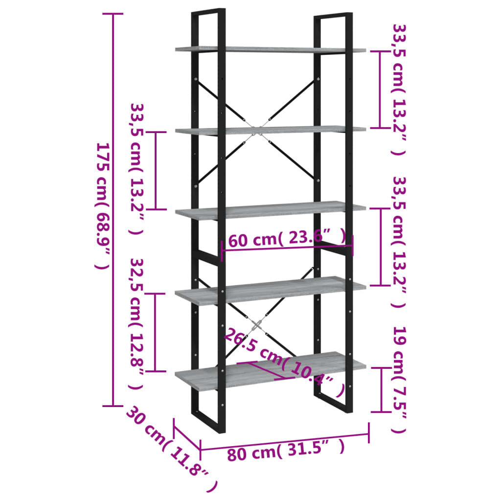 Bücherregal 5 Fächer Grau Sonoma-Eiche 80x30x175 Holzwerkstoff