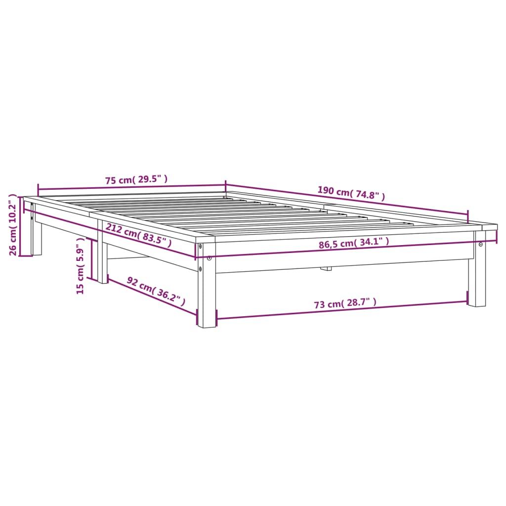 Solid wood bed gray 75x190 cm pine