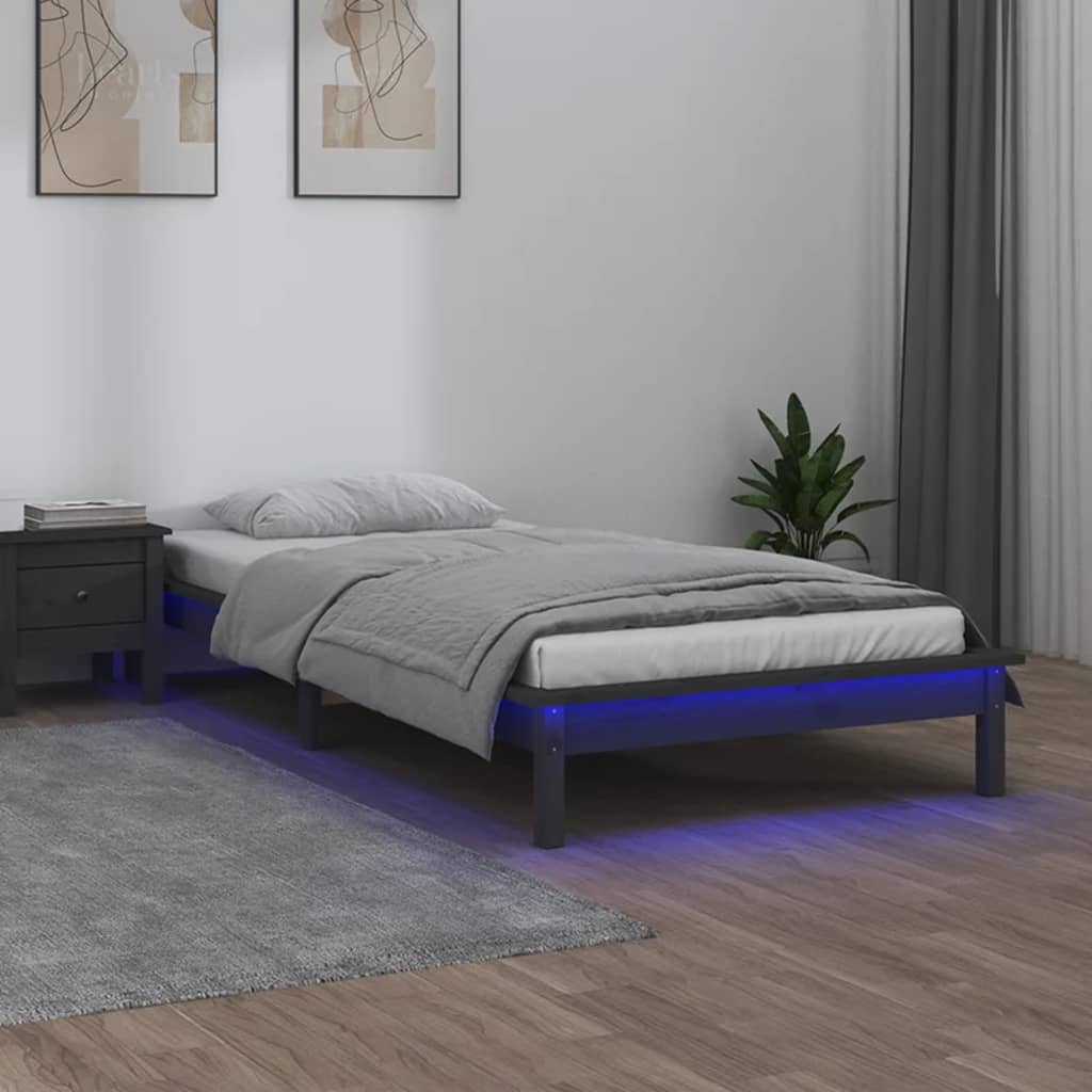 Solid wood bed with LED lighting Grey 90x200 cm