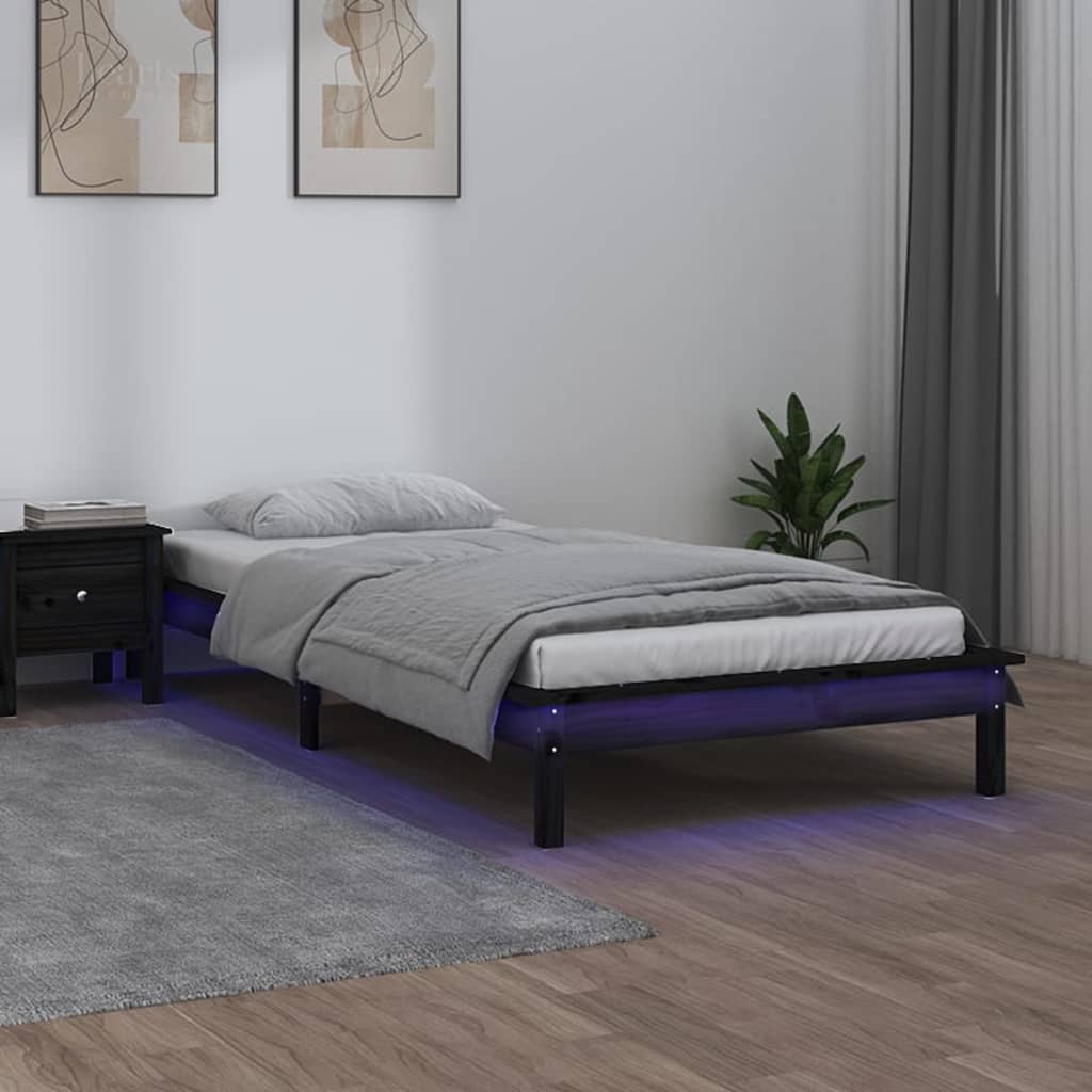 Solid wood bed with LEDs Black 90x200 cm