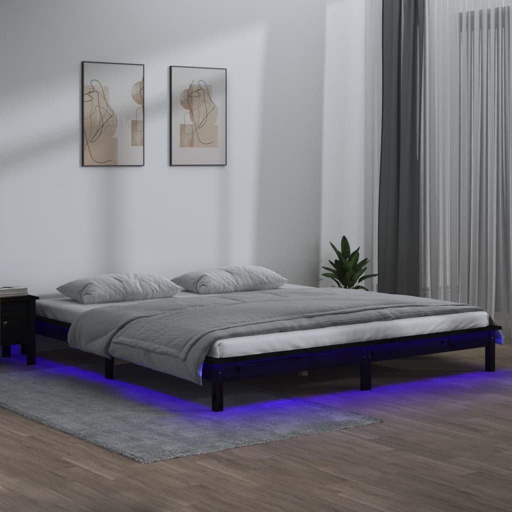 Solid wood bed with LED lighting Black 120x200 cm