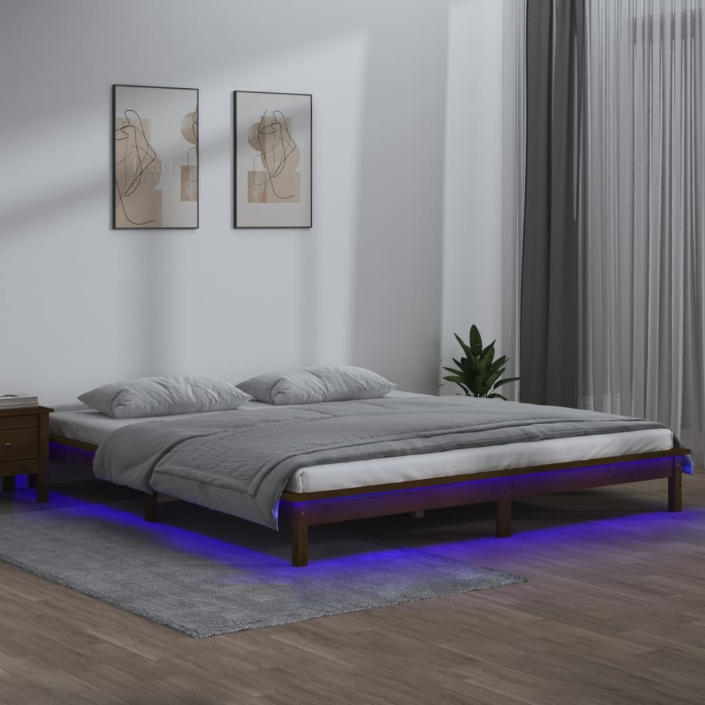 Solid wood bed with LEDs honey brown 140x200 cm