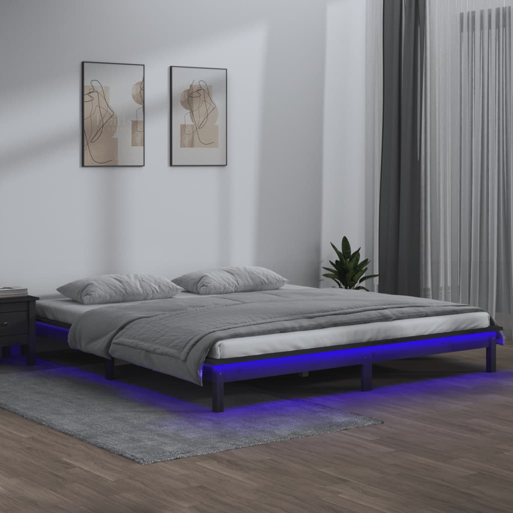 Solid wood bed with LEDs Grey 160x200 cm