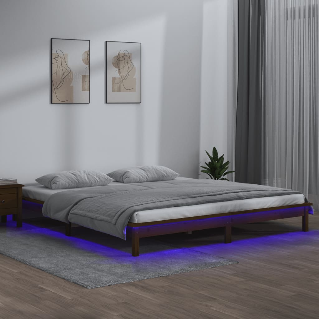 Solid wood bed with LEDs honey brown 160x200 cm