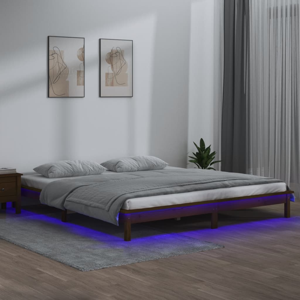 Solid wood bed with LED lighting honey brown 200x200 cm