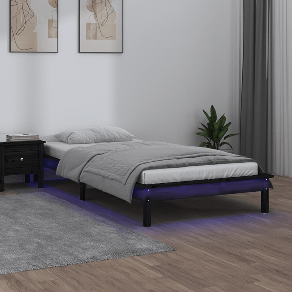 Solid wood bed with LEDs Black 75x190 cm