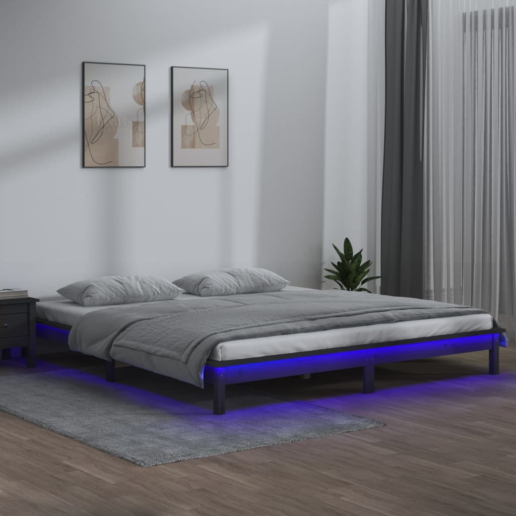 Solid wood bed with LEDs Grey 120x190 cm