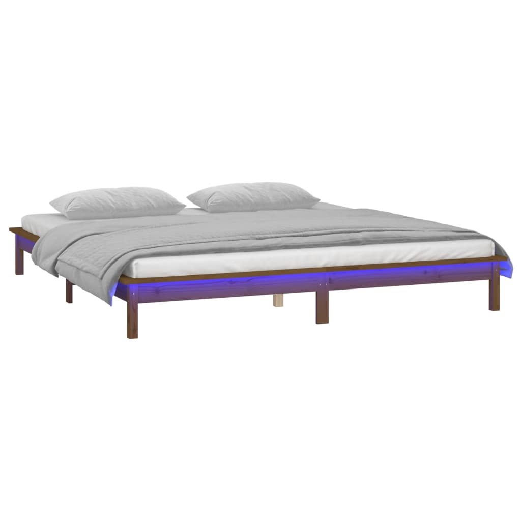 Solid wood bed with LEDs honey brown 135x190 cm