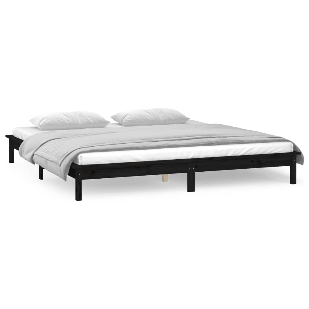 Solid wood bed with LEDs Black 135x190 cm