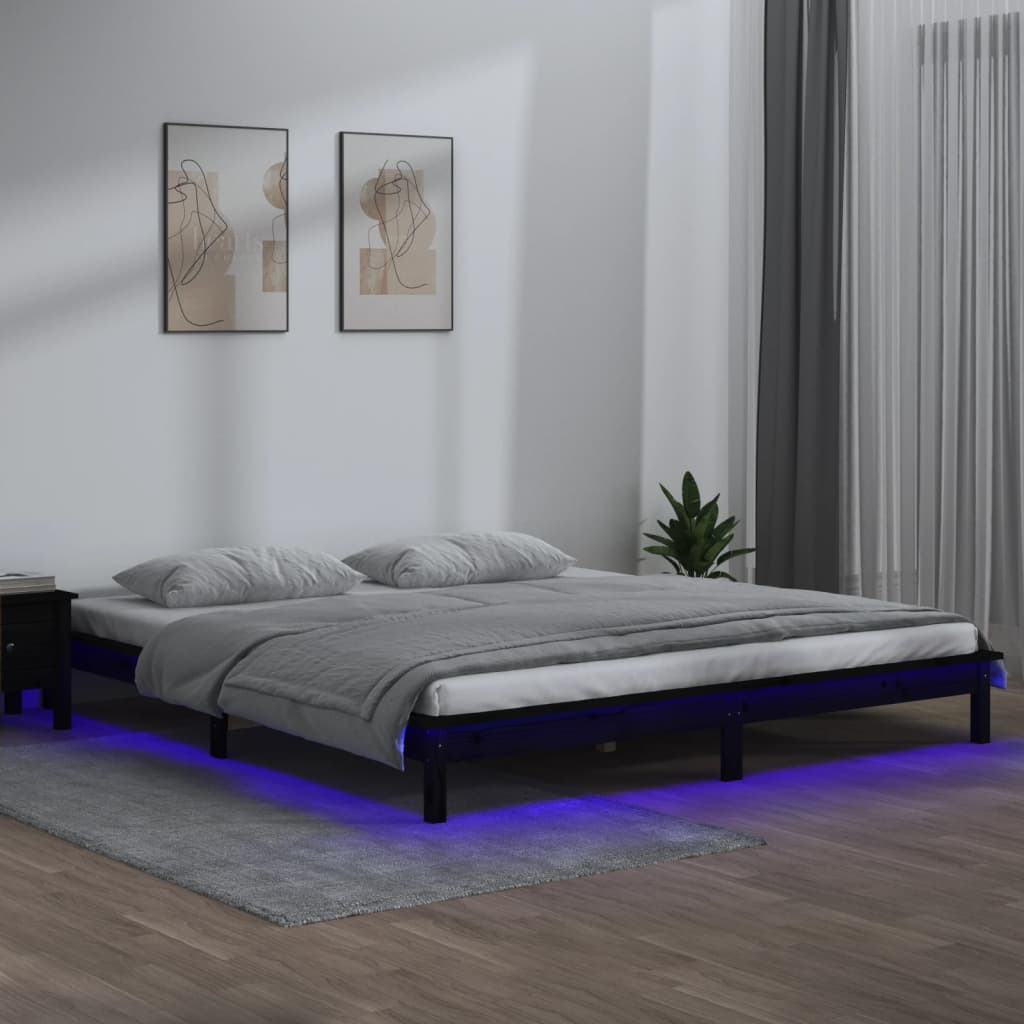 Solid wood bed with LEDs Black 135x190 cm