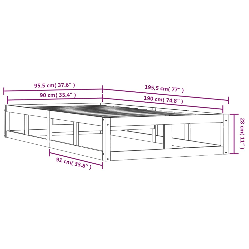 Solid Wood Bed White 90x190 cm