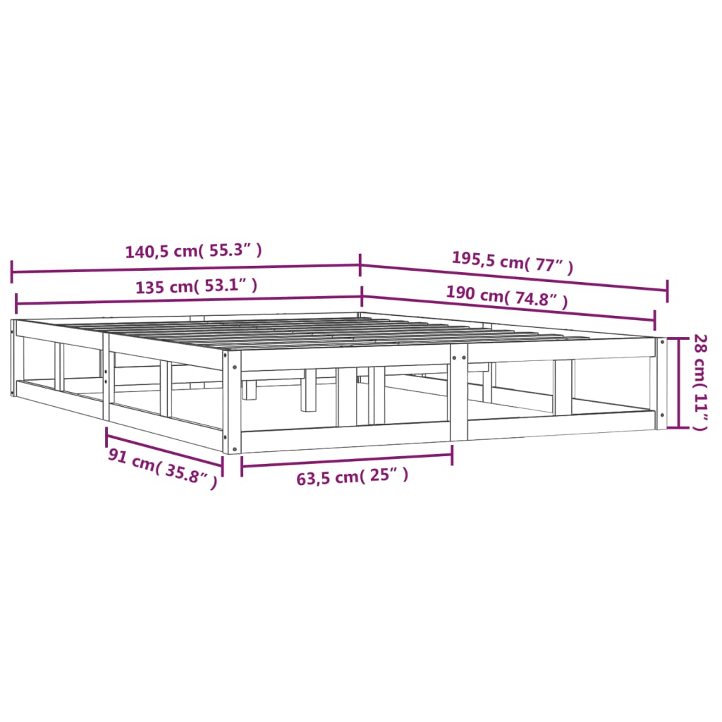 Massivholzbett Grau 135x190 cm