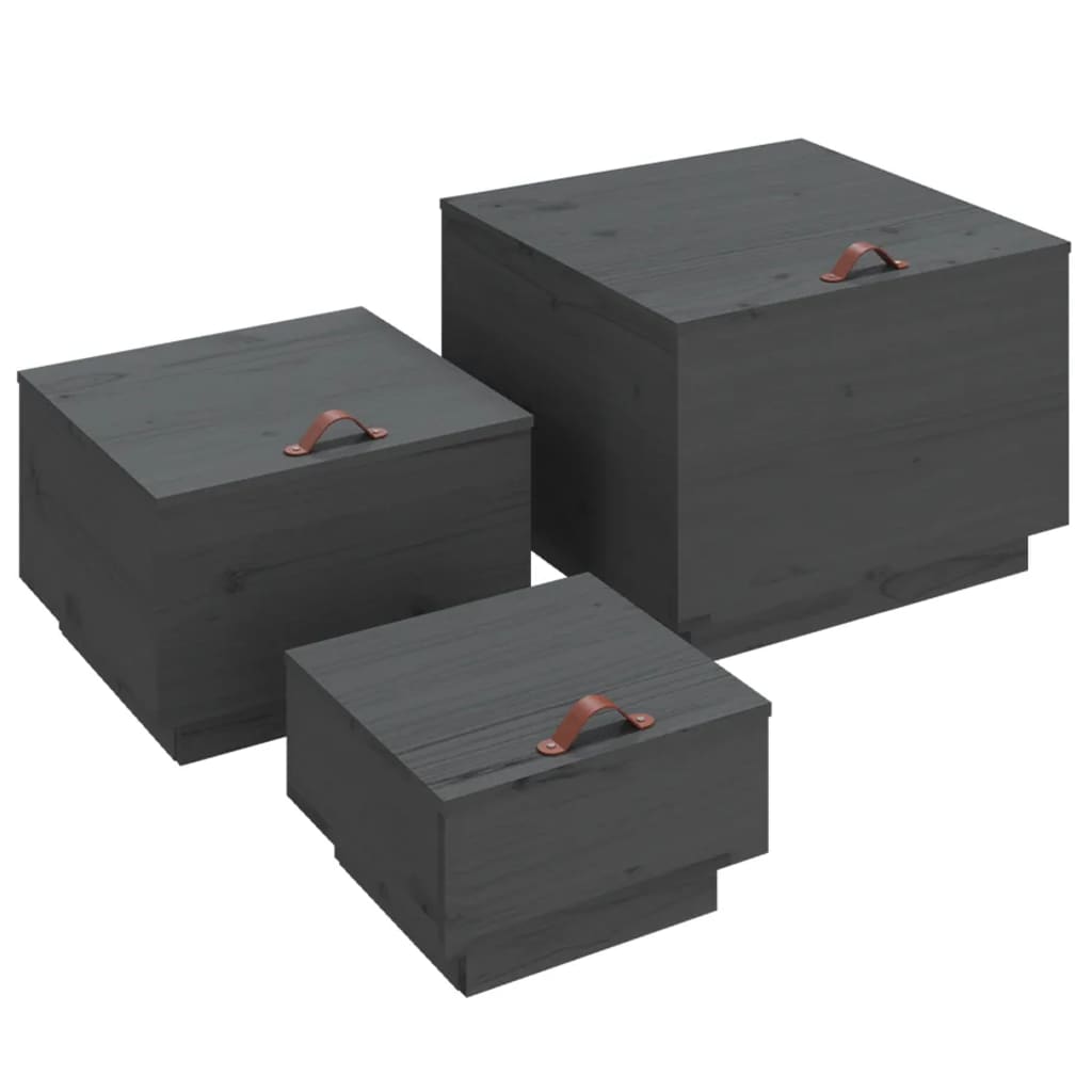 Storage boxes with lids 3 pcs. Gray solid pine wood