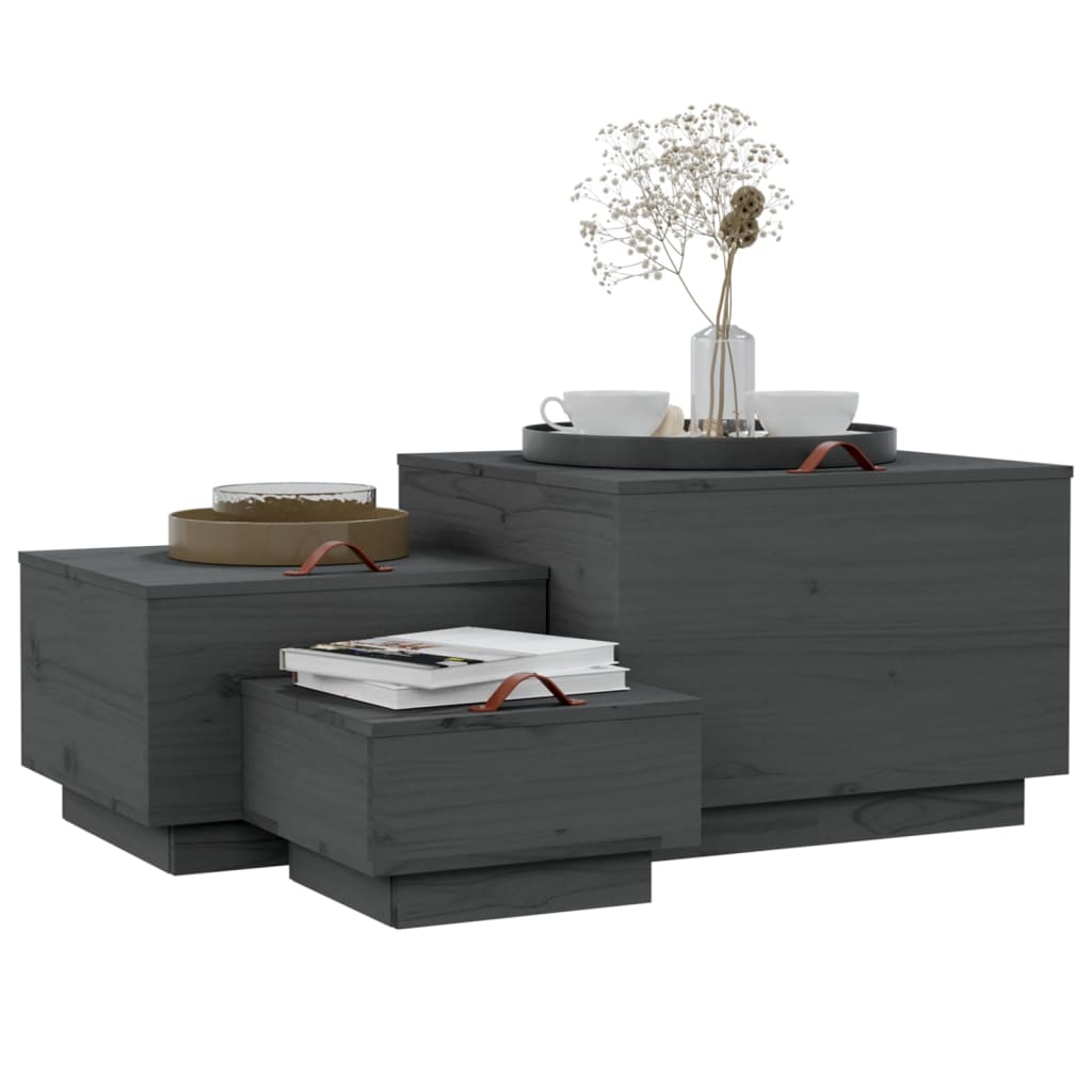 Storage boxes with lids 3 pcs. Gray solid pine wood