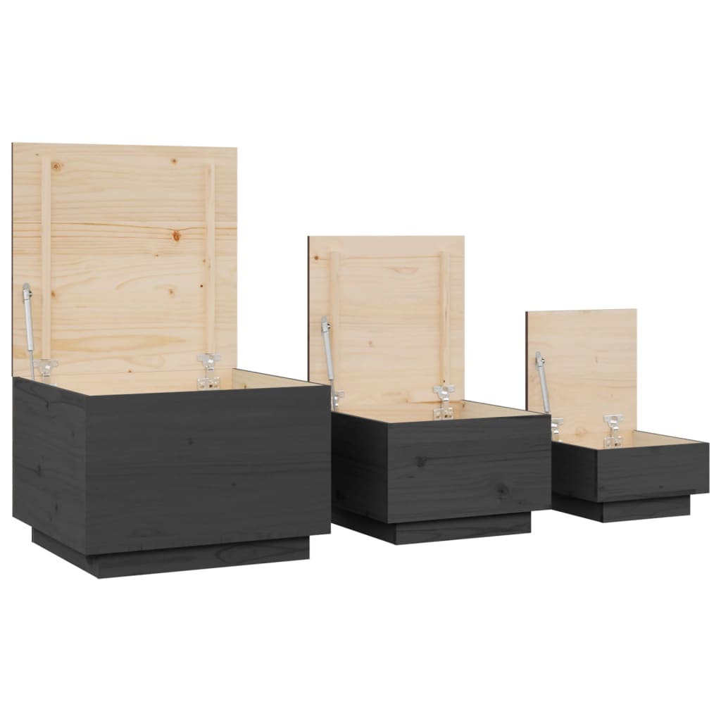 Storage boxes with lids 3 pcs. Gray solid pine wood