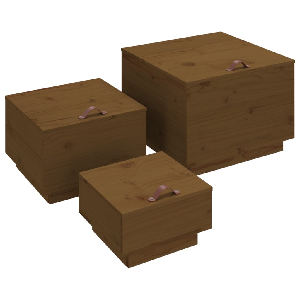 Storage boxes with lids 3 pcs. Brown solid pine wood