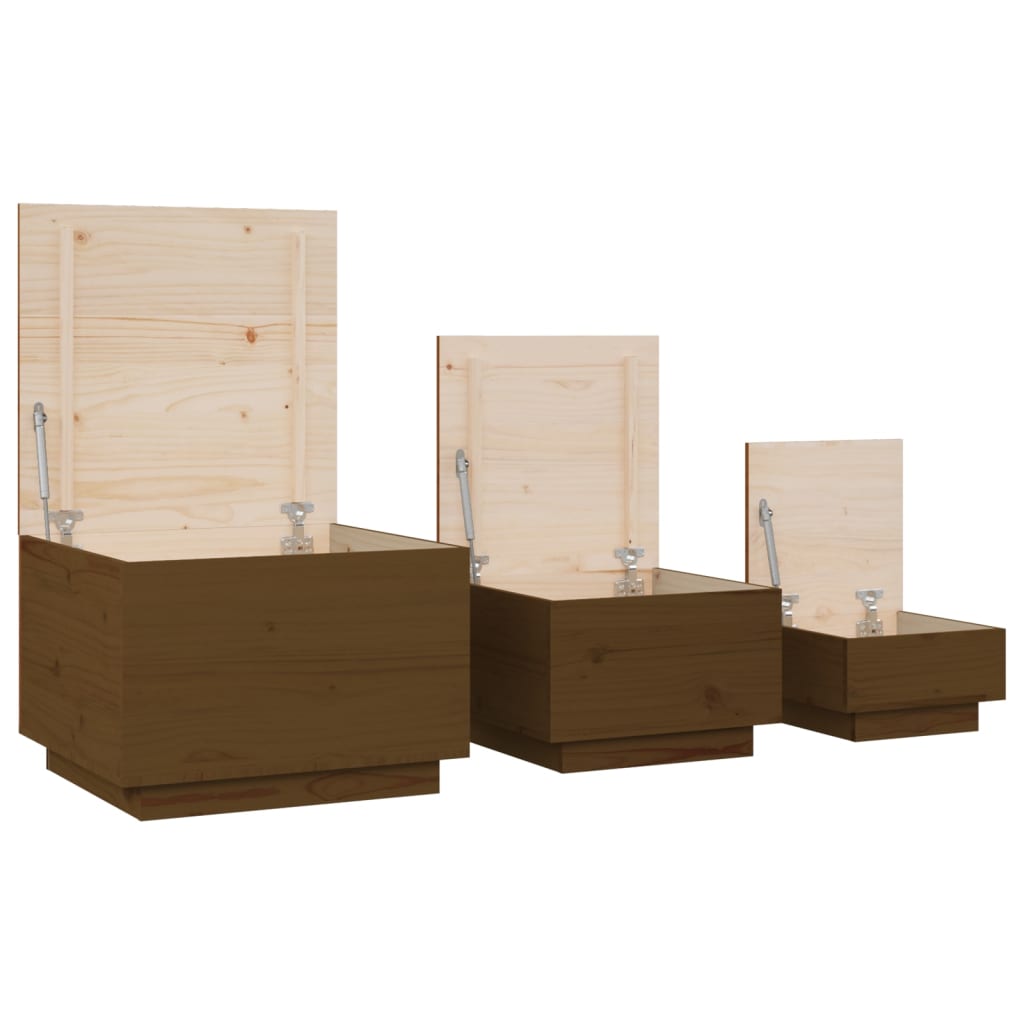 Storage boxes with lids 3 pcs. Brown solid pine wood