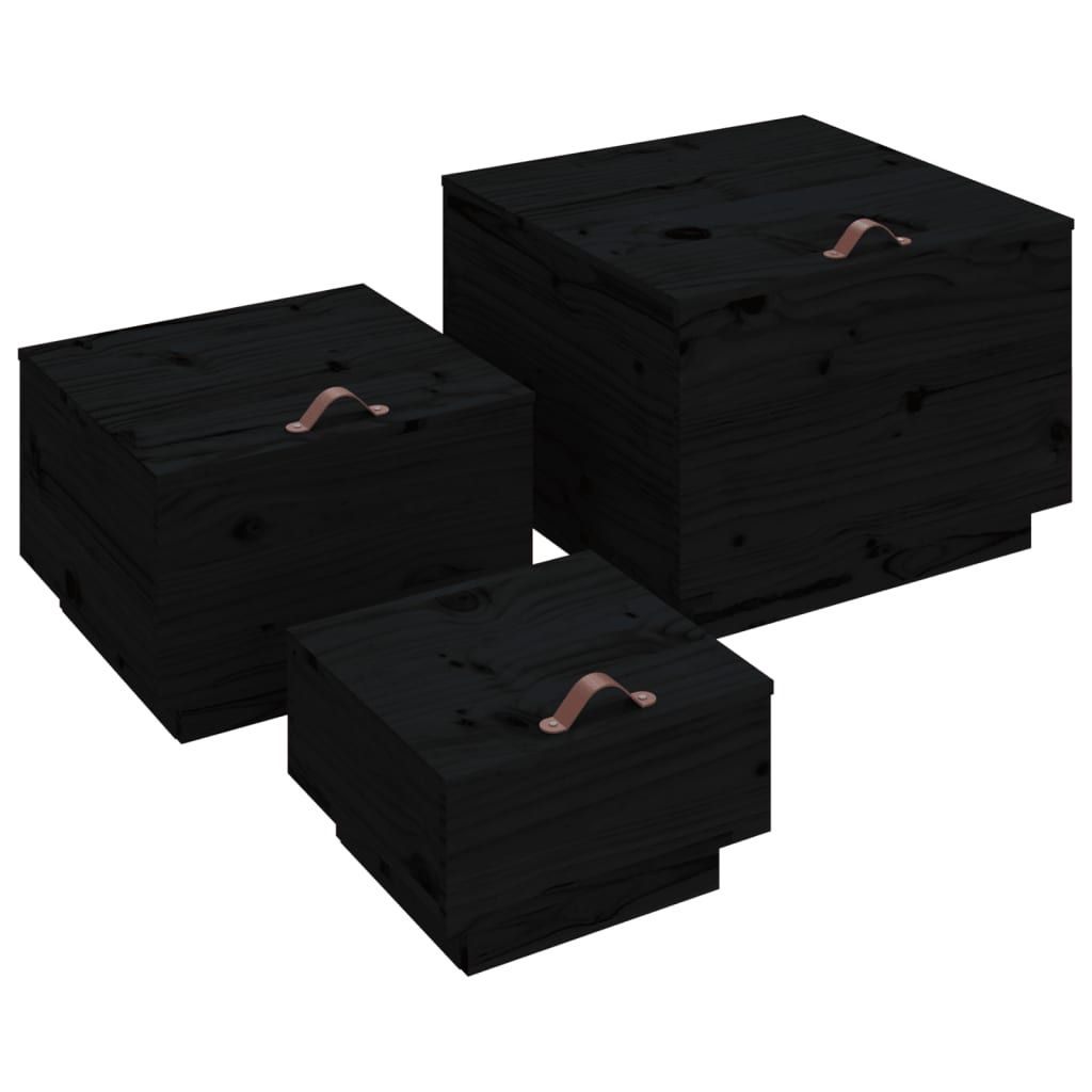 Storage boxes with lids 3 pcs. Black solid pine