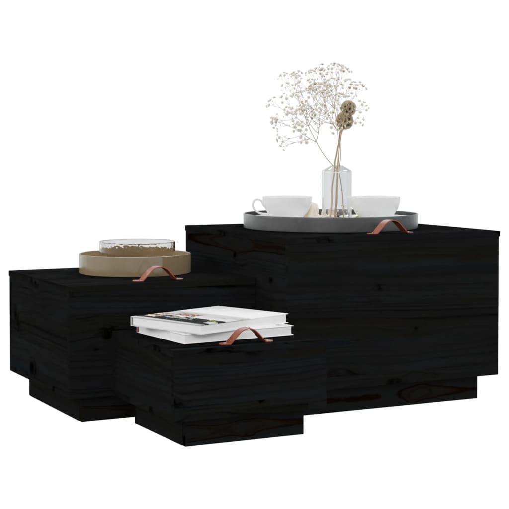 Storage boxes with lids 3 pcs. Black solid pine