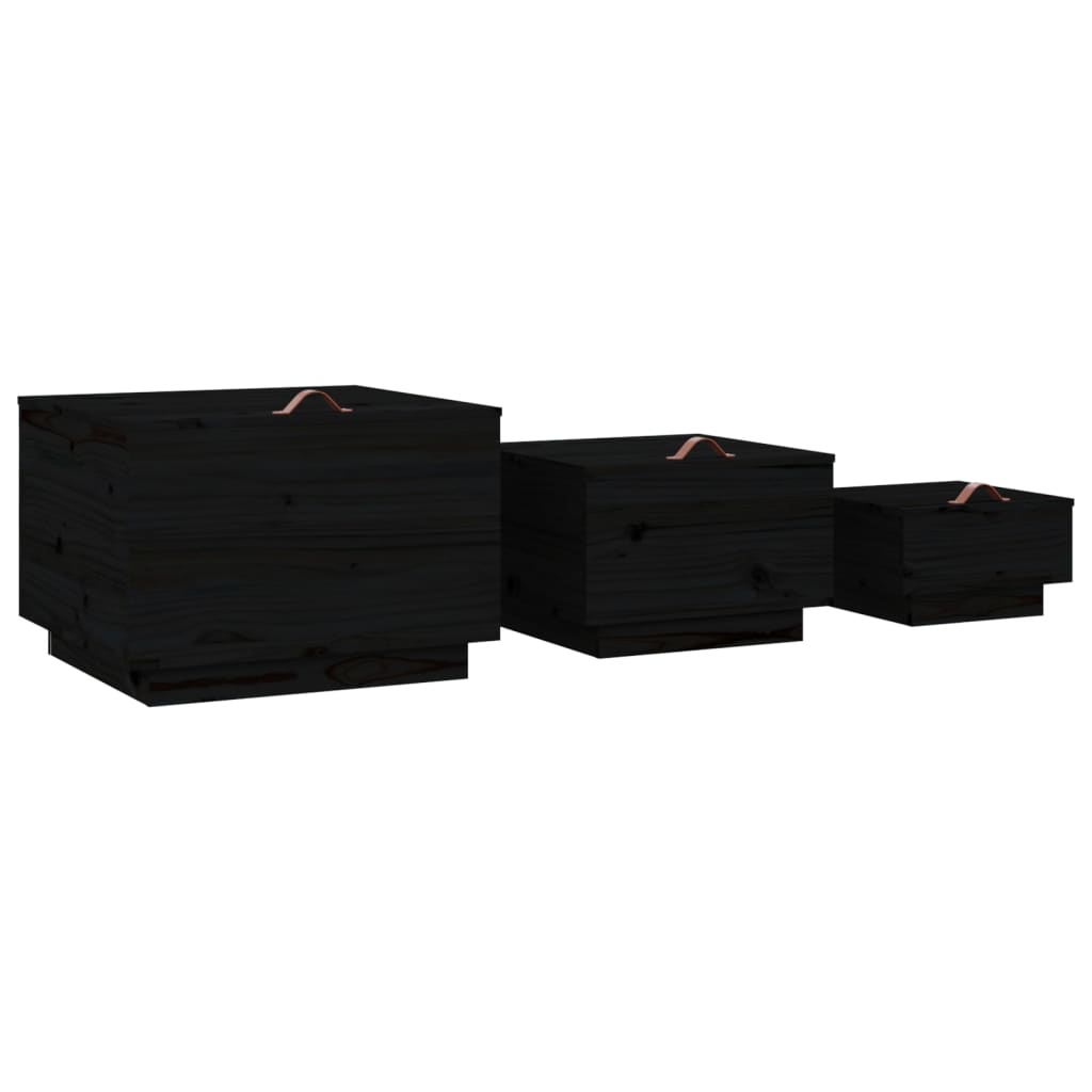 Storage boxes with lids 3 pcs. Black solid pine