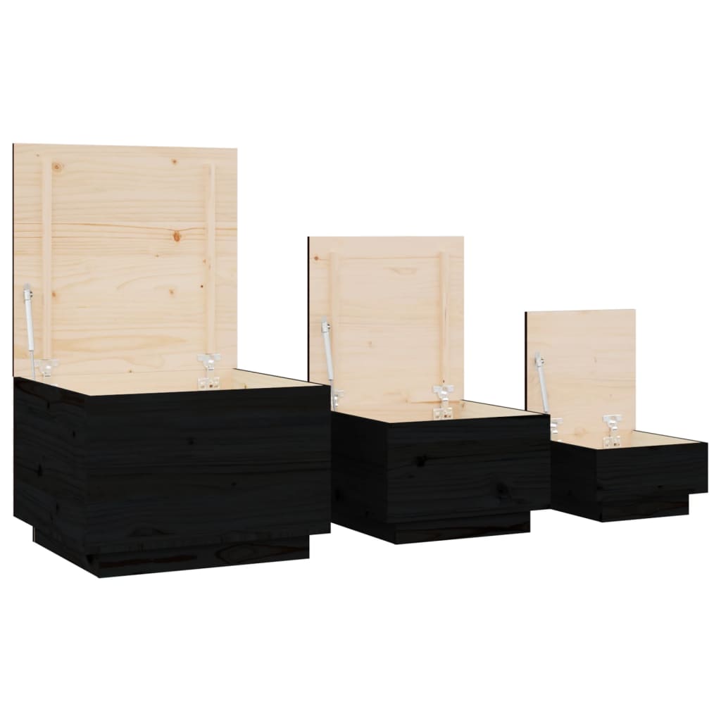 Storage boxes with lids 3 pcs. Black solid pine