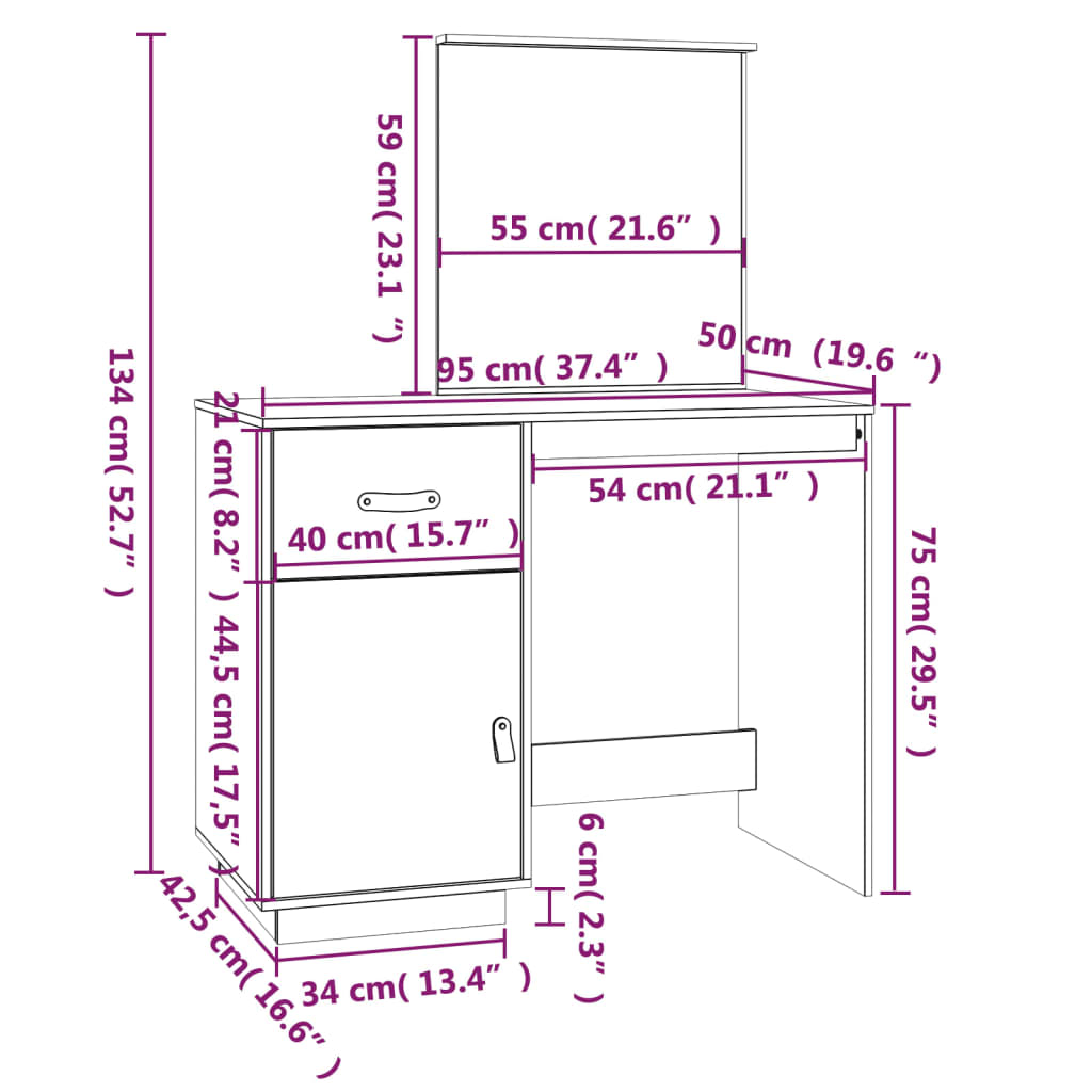 Dressing Table White 95x50x134 cm Solid Pine