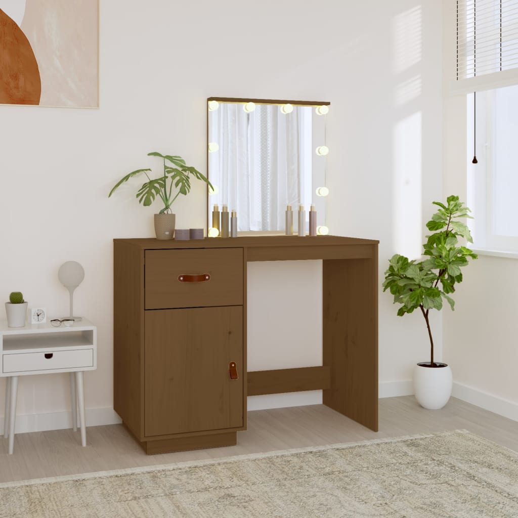 Dressing table with LED honey brown 95x50x133.5cm solid pine