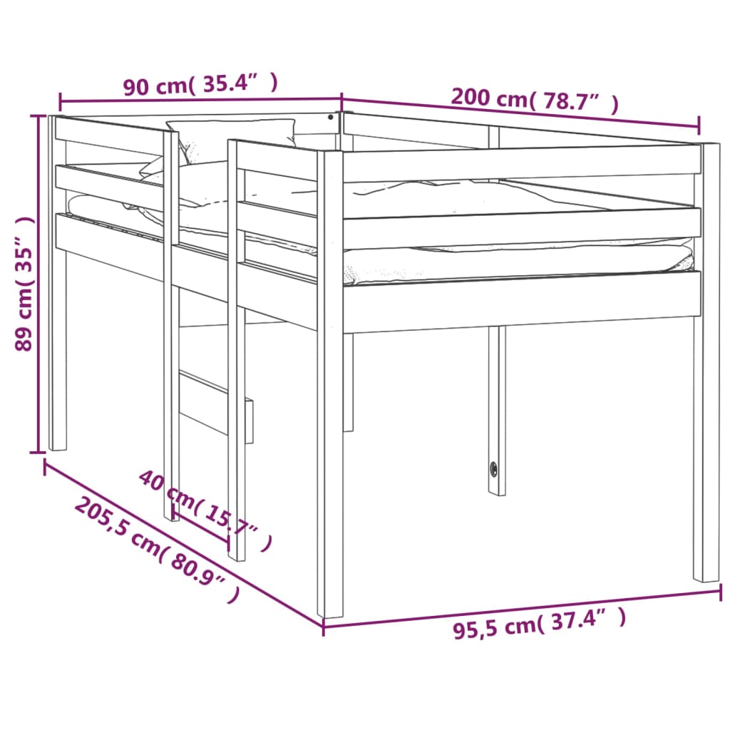 Loft bed 90x200 cm solid pine wood