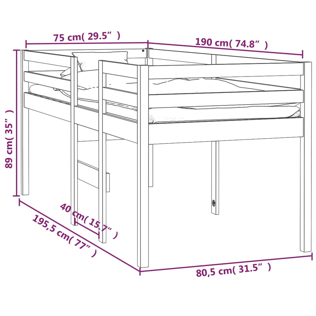 Loft bed 75x190 cm solid pine wood