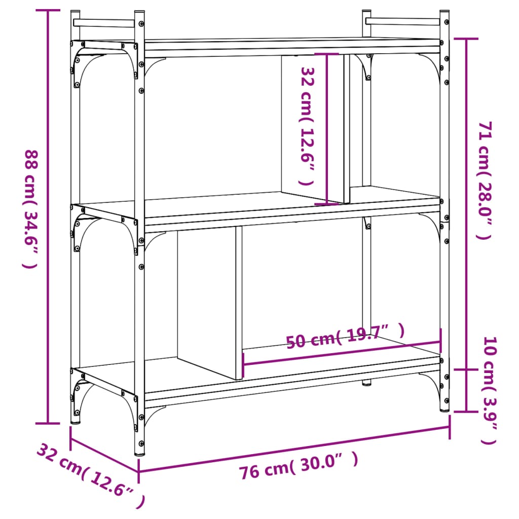 Bookcase 3 Shelves Brown Oak Look 76x32x88cm Wood Material