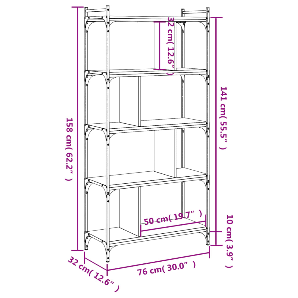 Bookcase 5 shelves smoked oak 76x32x158 cm wood material