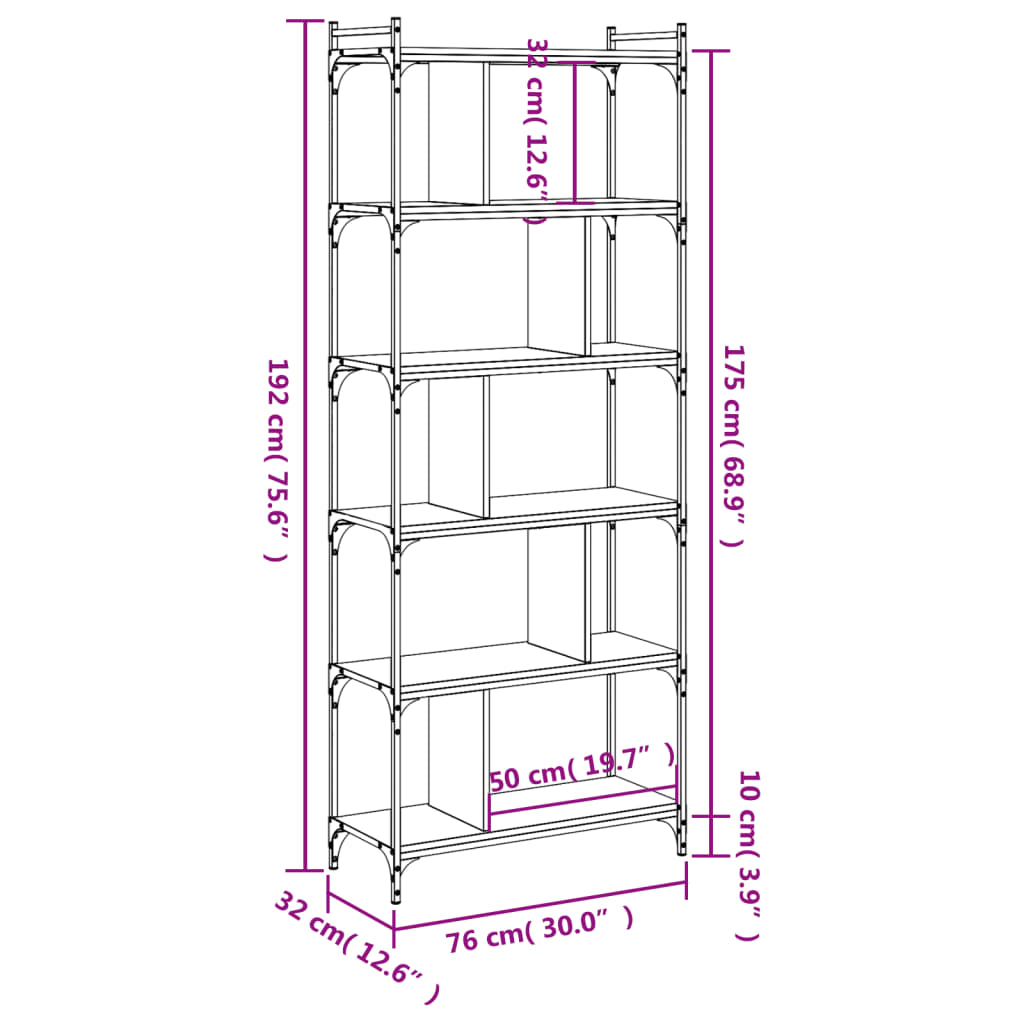 Bookcase 6 Shelves Black 76x32x192 cm Wood Material