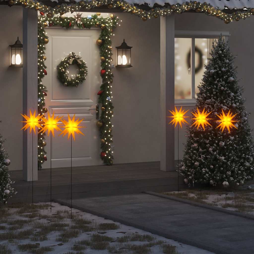 LED Christmas Stars 3 pcs. with Ground Spikes Foldable Yellow 35 cm