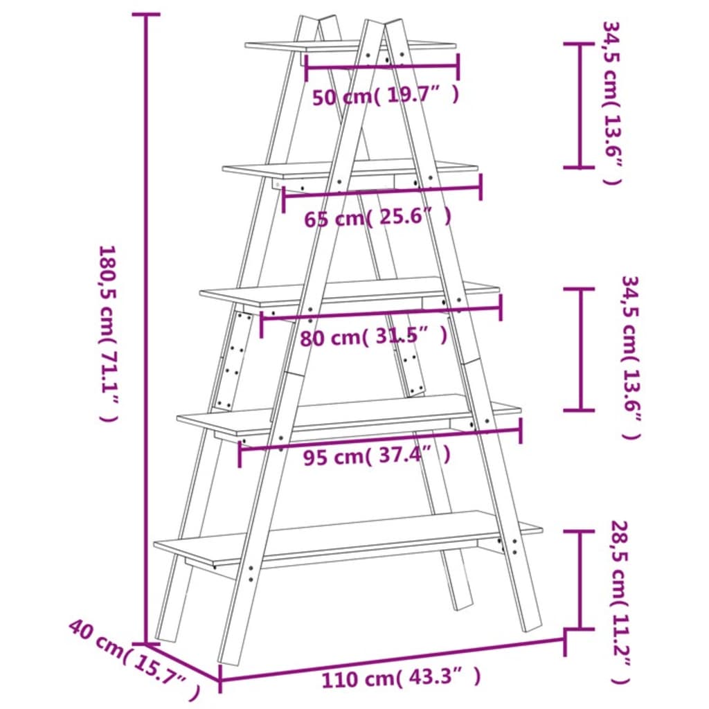 Shelf with 5 shelves A-shape 110x40x180.5 cm solid pine