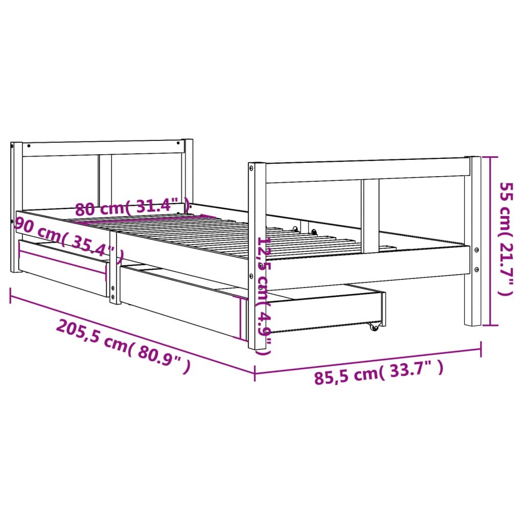 Children's bed with drawers 80x200 cm solid pine wood